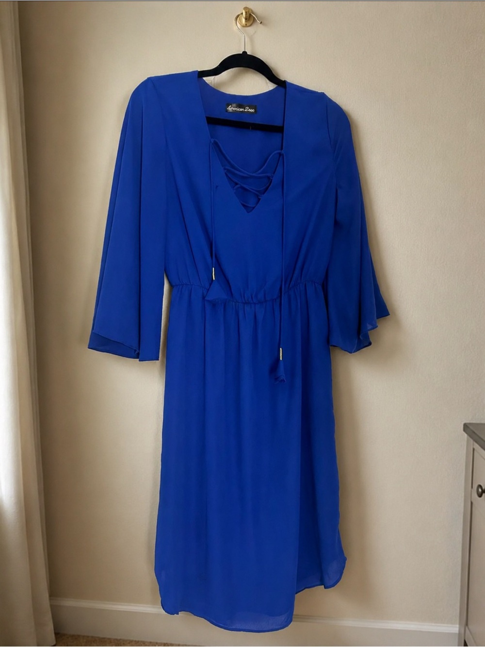 American Rag Cobalt Blue Midi Dress with V-Neck Tie